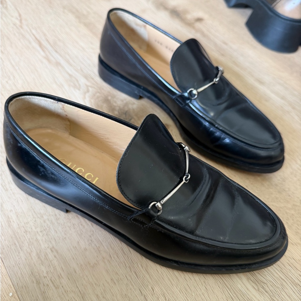 Gucci Black Leather Horsebit Loafers 38 Silver Hardware